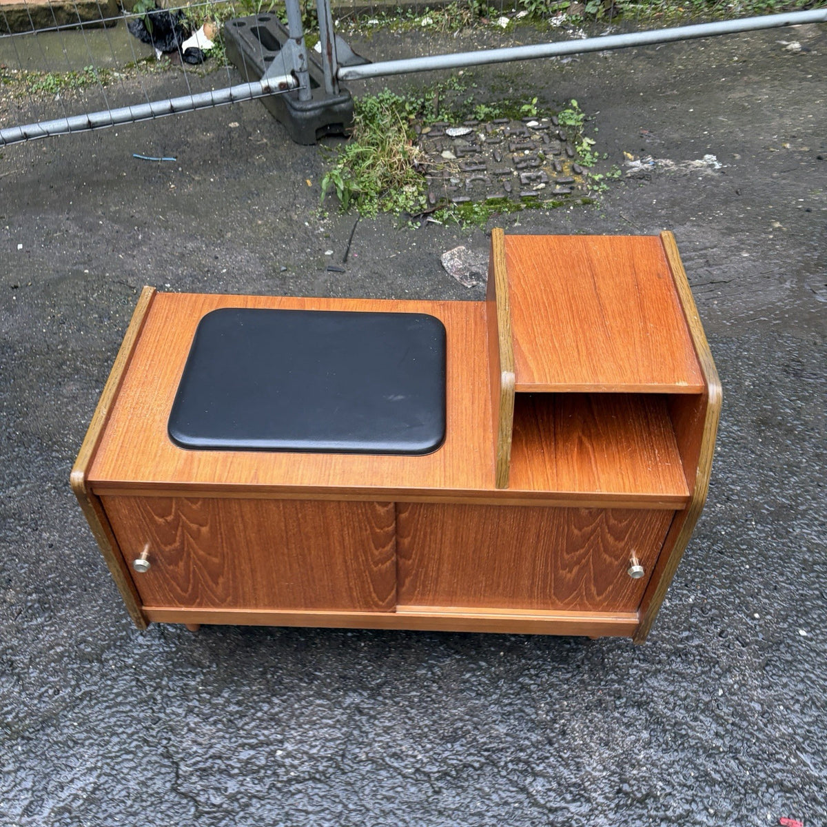 Mid Century Chippy Heath Teak Telephone Bench – Black Vinyl – view 6