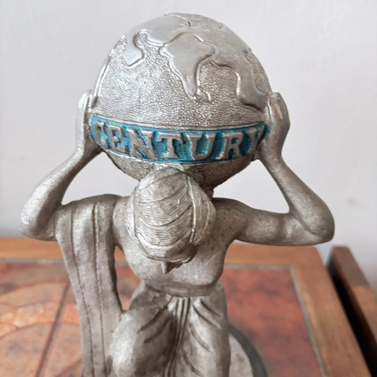 Art Deco Century Atlas Globe Bookend – Cast Metal on Wooden Plinth – view 8