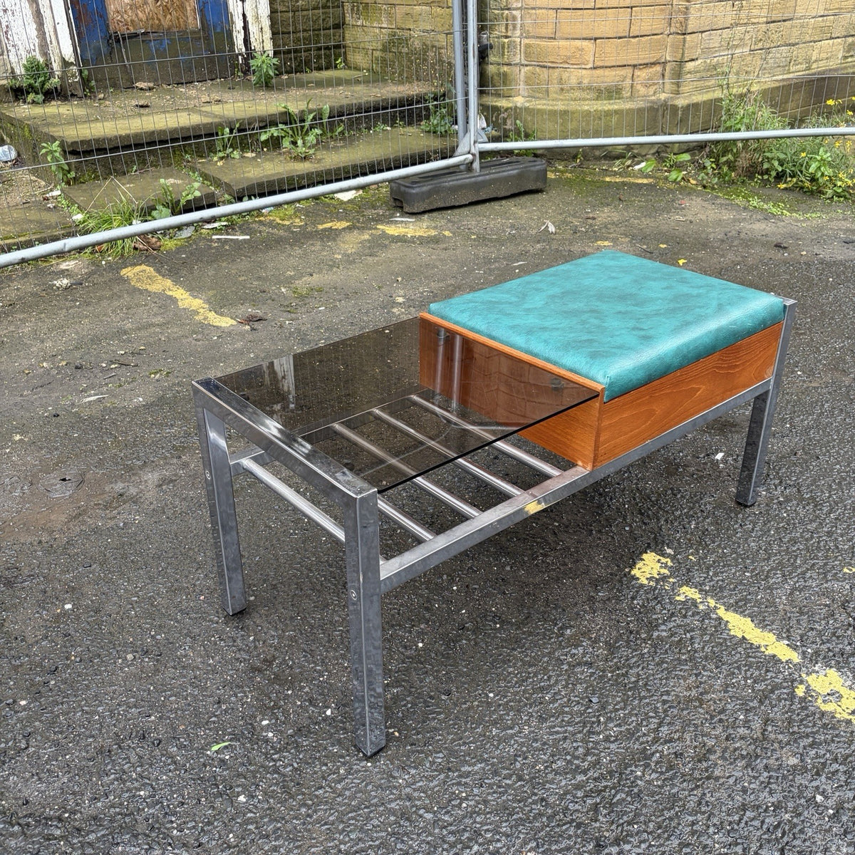Mid Century Chippy Heath Teak & Chrome Telephone Bench – view 5