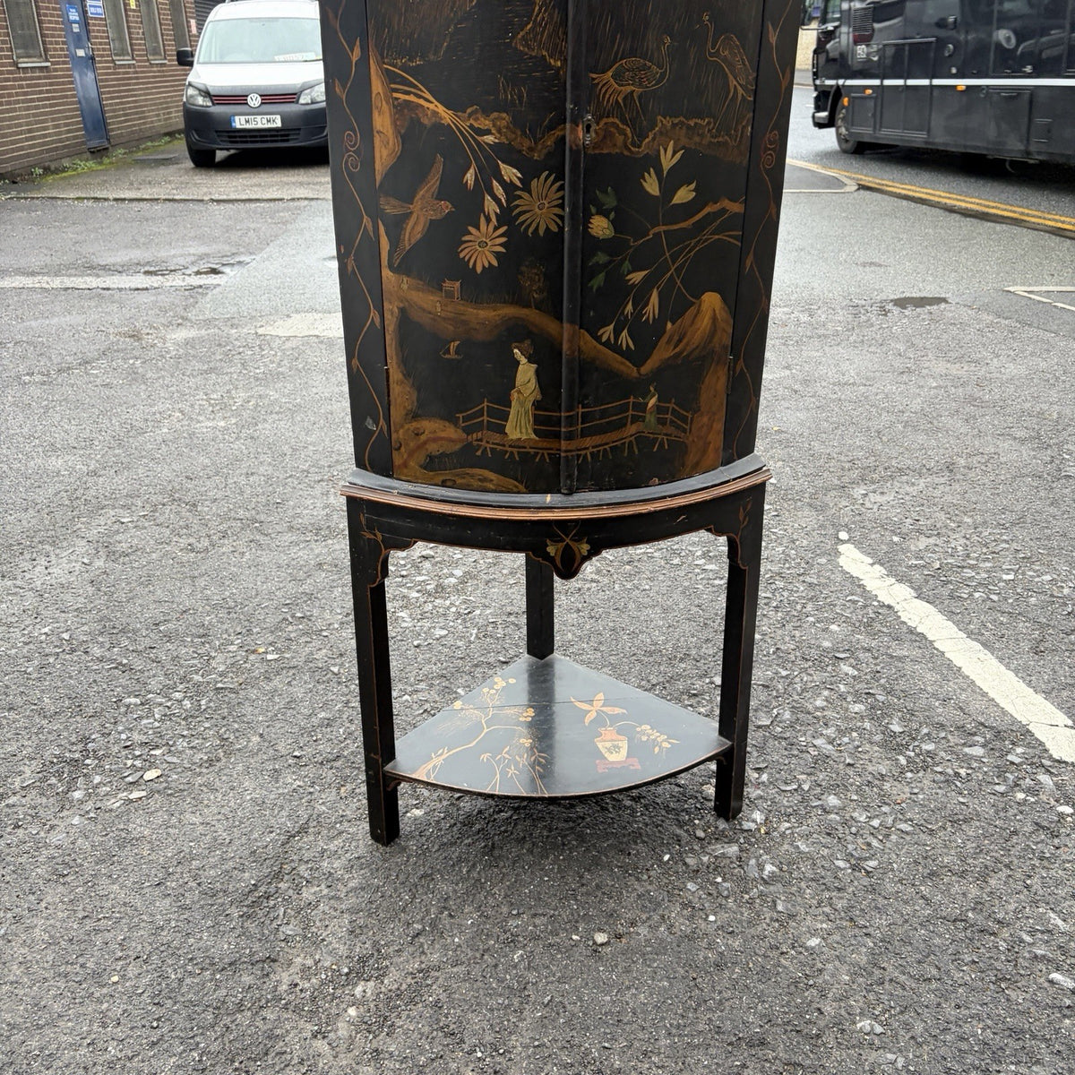Antique Black Lacquer Chinoiserie Bow-Front Corner Cabinet on Stand – view 3