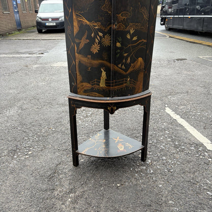 Antique Black Lacquer Chinoiserie Bow-Front Corner Cabinet on Stand – view 3