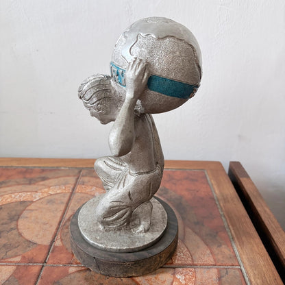 Art Deco Century Atlas Globe Bookend – Cast Metal on Wooden Plinth – view 11