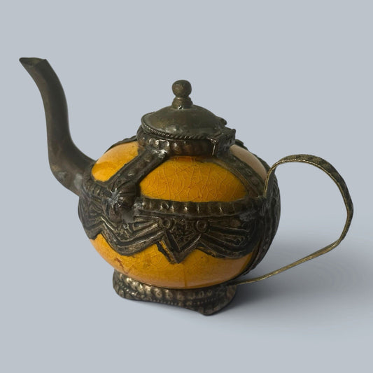 Vintage Moroccan Yellow Ceramic & Metal Teapot – Decorative Collectable – view 1