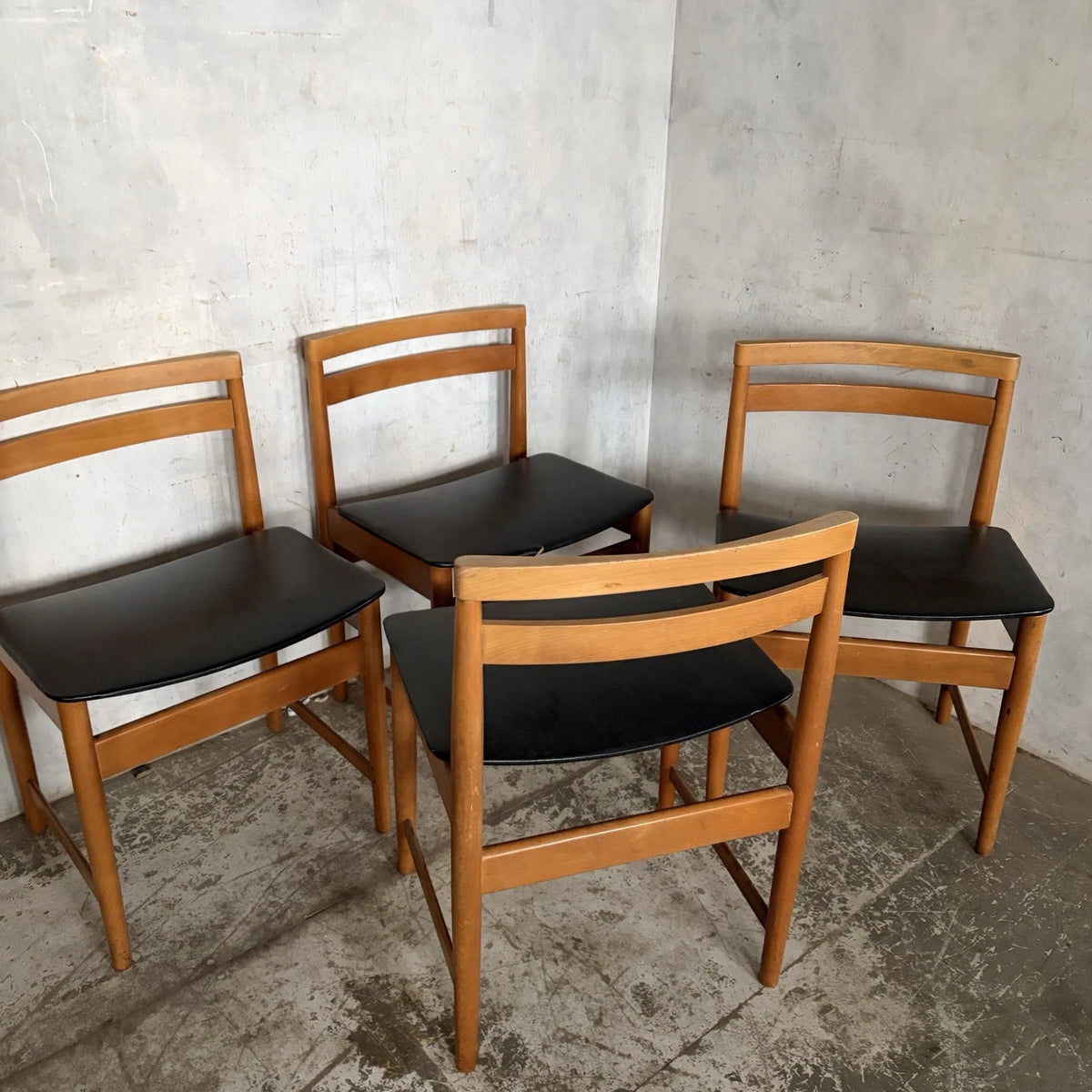Set of four mid-century teak and beech dining chairs with black vinyl seats – view 6