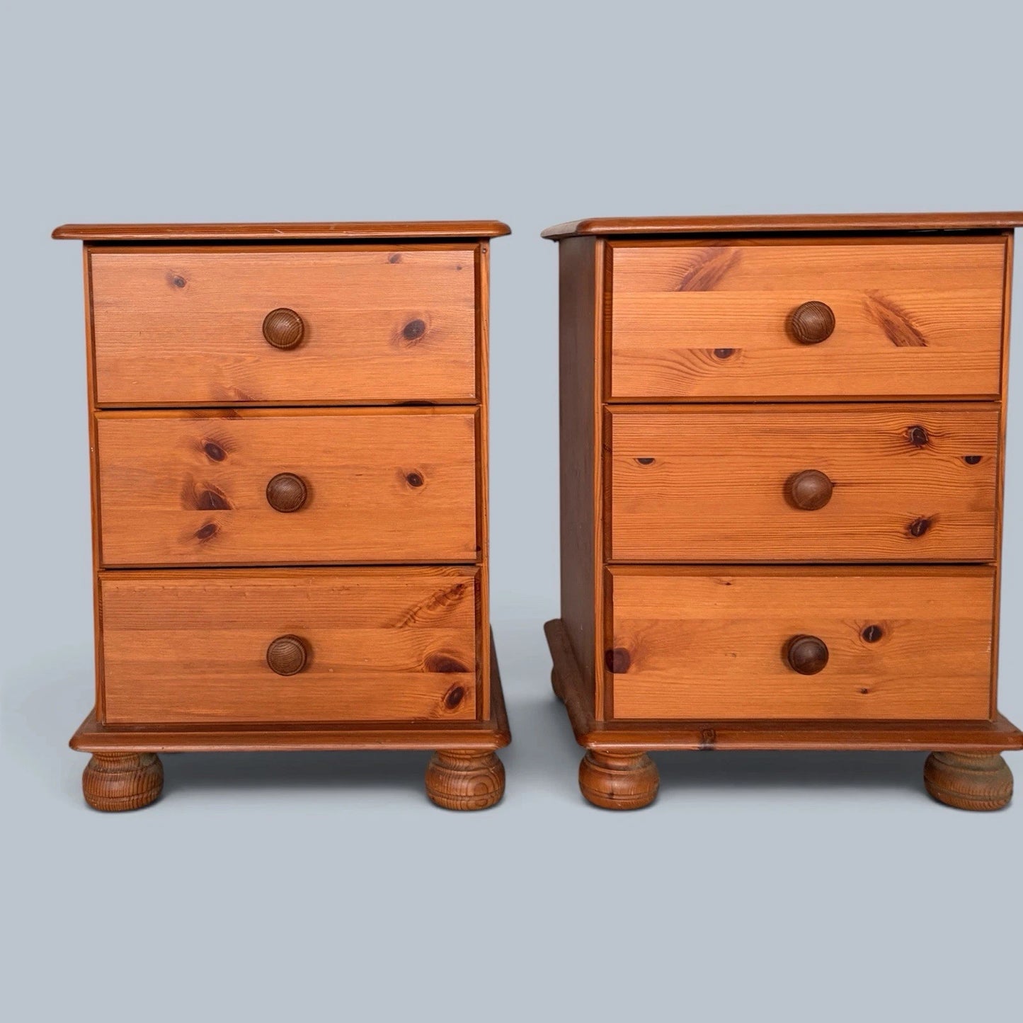 Pair of traditional pine three-drawer bedside cabinets - view 3